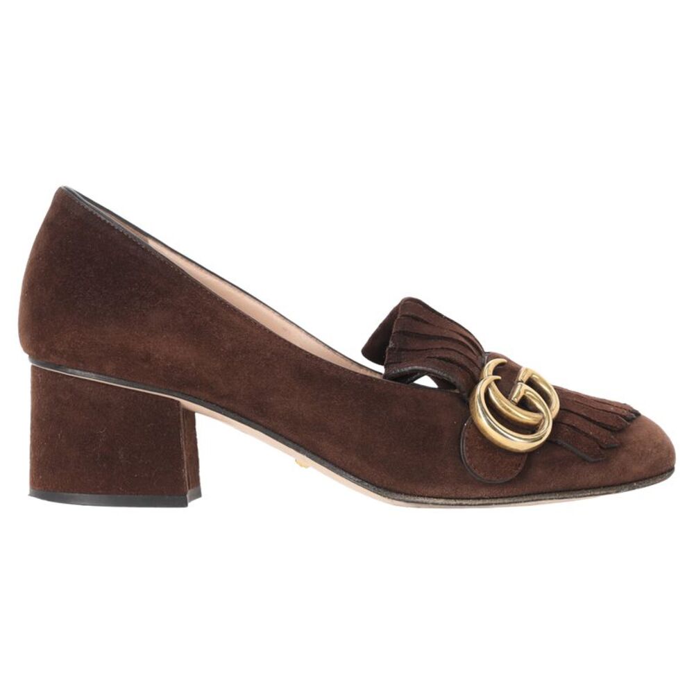 Gucci Marmont Loafer Mid-Heel Pumps in Brown Suede